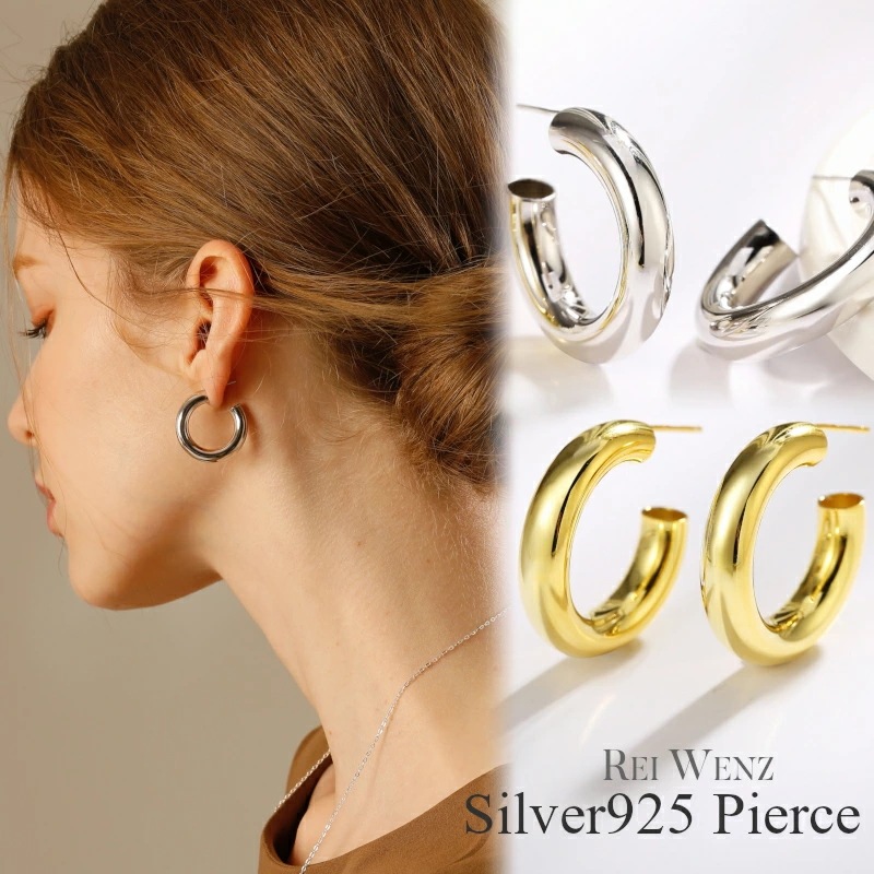 【高品質Silver925】ピアス C型 C字 フック 大ぶり シルバー 丸 サークル イレギュラー ゴールド Silver925 レディース 女性 金属アレルギー プレゼント