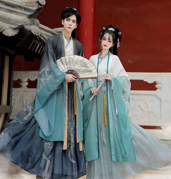 チャイナ服 上下3点セット メンズ レディース 大人 ペアルック グラデーション 白緑 黒緑 漢服＆唐装 華流コスプレ衣装 中国古代服装 ハロウィン衣装 振袖羽織付き 交差襟 山水 龍 プリント 中華