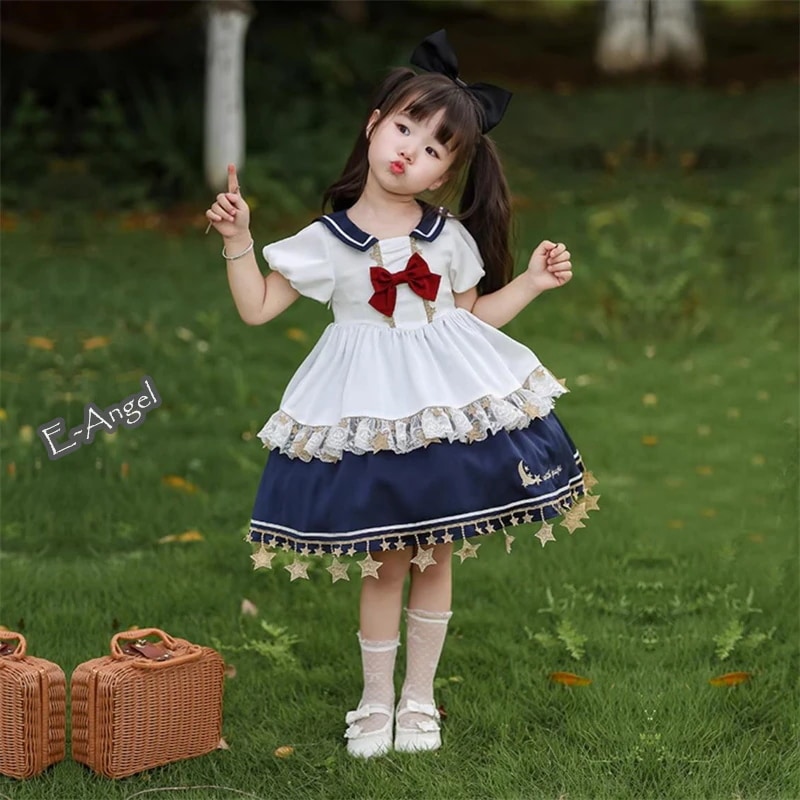 【快速出荷】セーラー風ワンピース キッズ ロリータ プリンセスドレス 可愛い 星月刺繍 ロリータ 子供服 誕生日 ギフト 春夏ワンピース ガールズ 女の子用 ハロウィーン コスプレ
