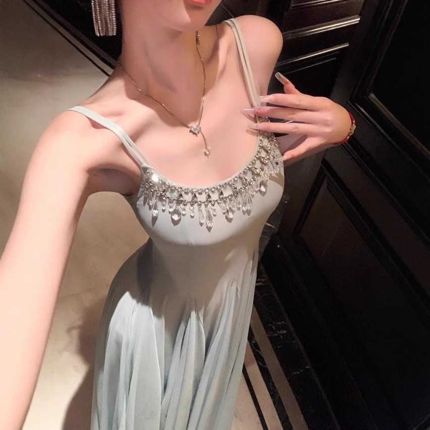 パーティードレス 二次会 発表会ドレス 花嫁 結婚式 誕生日用ミニドレス高級感のあるイブニングドレスロングドレス上品なダイヤモンドチェーン付きキャミソールワンピース（女性用）