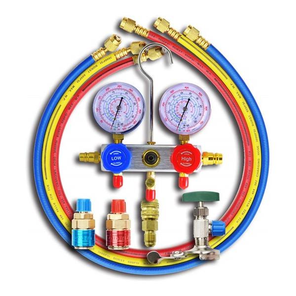 エアコンガスチャージャー マニホールドゲージ 対応冷媒 R134a R22 R410a R404a 缶切＆クイックカプラー付