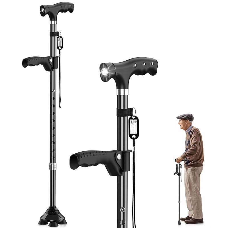 ステッキ 杖 倒れない 自立式4点杖 男女兼用 クレバーケーン伸縮式 軽量アルミ製 長さ調節可能 補助ハンドル付き 介護用 歩行補助杖 LEDライト搭載 夜間散歩対応 日本語説明書付き 高齢者の歩行サ