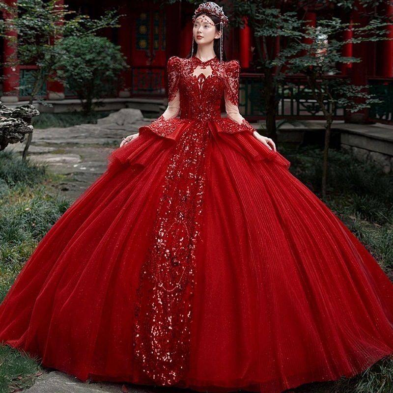 レッドメイン ウェディングドレス 花嫁 2025 レトロ重工 シニア スモール 長袖 冬 お出かけ 糸ライト