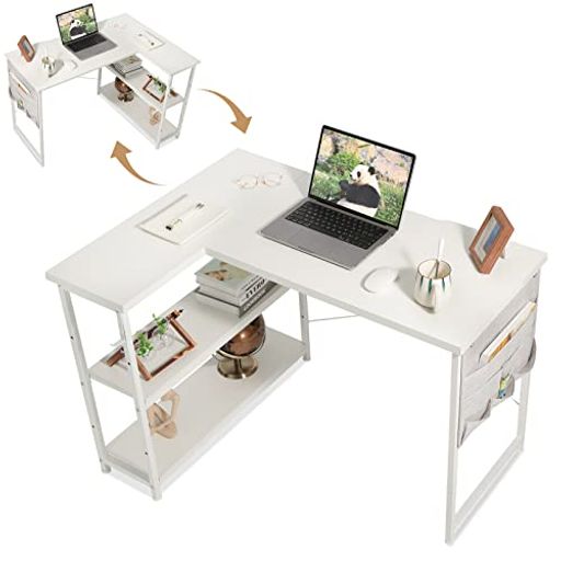 YETOM L字デスク パソコンデスク 机 PCデスク 右棚左棚 桌子 幅107CM DESK コーナーデスク つくえ 棚板高さ調節可能 収納袋付き L字型 作業机 勉強机 在宅ワークデスク リモート