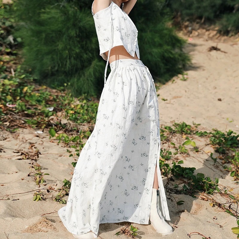 花柄スカート ロング マキシ丈 スリットスカート 春 ハイウエスト カモミールプリント肌理 7,637円