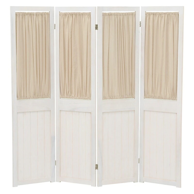 シャビーウッドファニチャー　パーテーション　MS-5414AWカーテンが取り外し可能な4連パーテーションお部屋の仕切りや目隠しに!