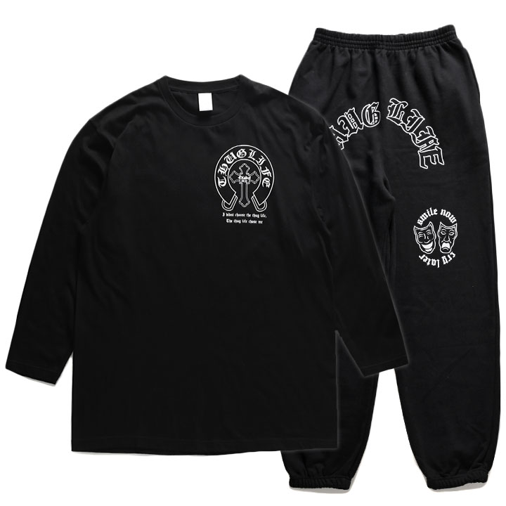 ACE FLAG 上下セット 長袖 ブランド メンズ 春秋冬用 黒 大きいサイズ エースフラッグ セットアップ ロンT 上下 THUG LIFE サグライフ 馬蹄