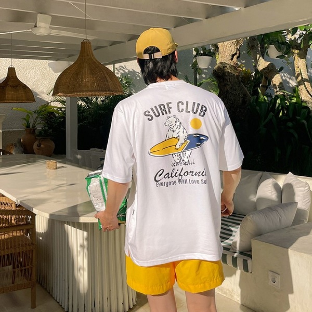 (Vivarup) ベアサーフィンショートスリーブ T シャツ TS20088M サマーホワイトルーズフィットボックスコットンラウンド T シャツバケーションリゾート