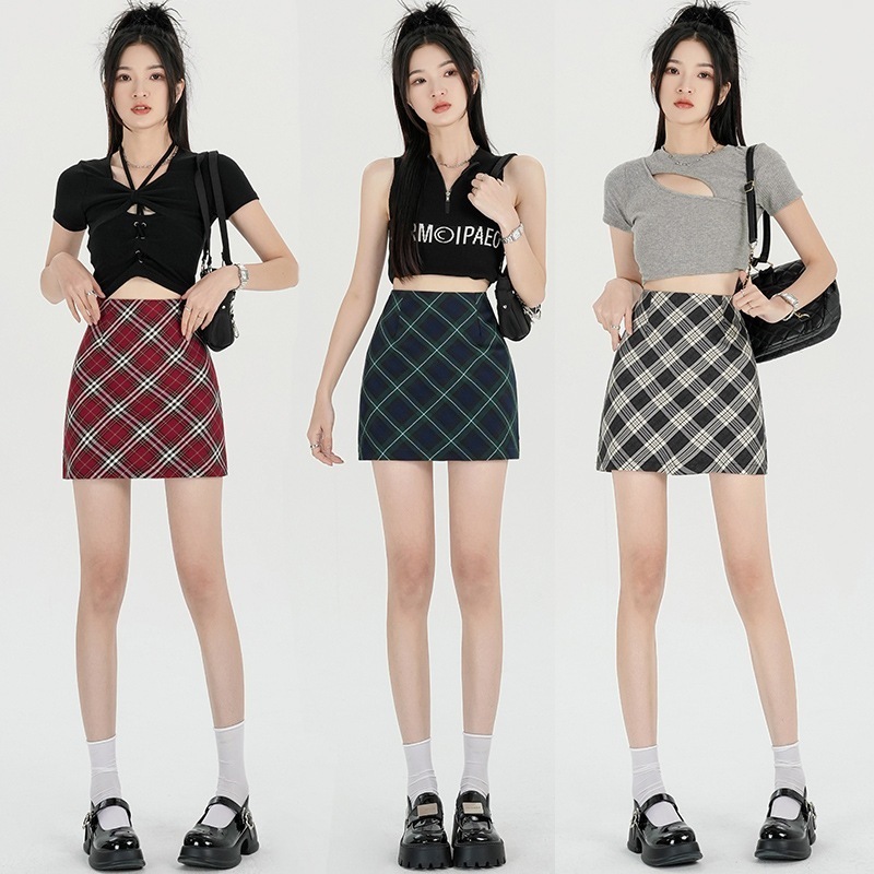 アメリカンレトロカレッジスタイルの女性用サブスカート春夏ハイウエストチェック柄aライン多用途ヒップ抱きショートスカート