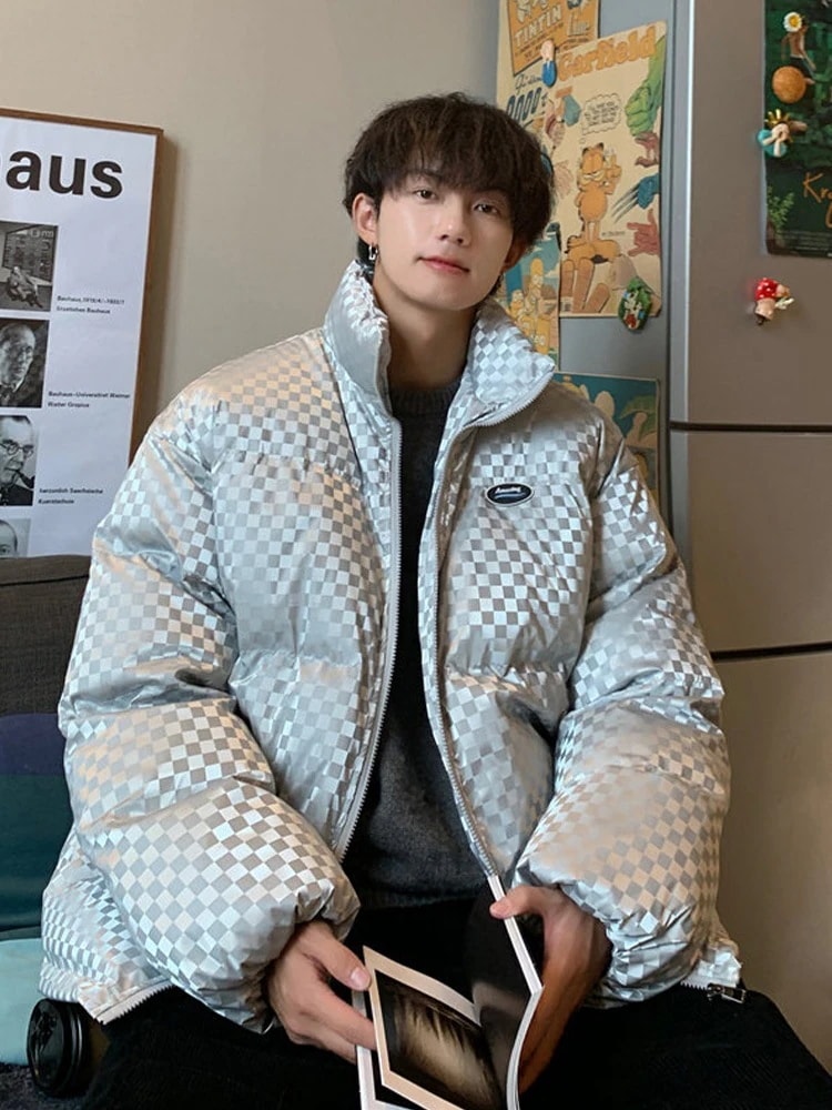 チェック柄光沢のあるアメリカンハイストリート厚手ダウンジャケットメンズ冬ジャケットレトロ高級中綿ジャケット