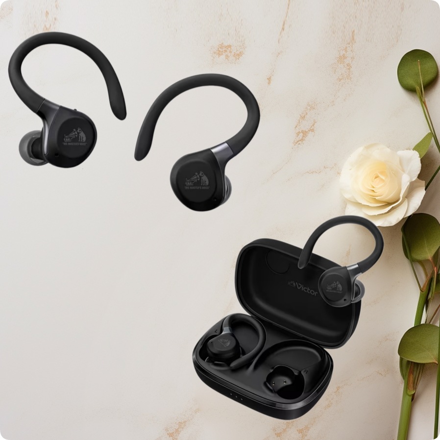完全ワイヤレスイヤホン HA-EC77T アクティブノイズキャンセリング/Bluetooth対応 フレキシブルイヤーフック搭載 ブラック HA-EC77T-B