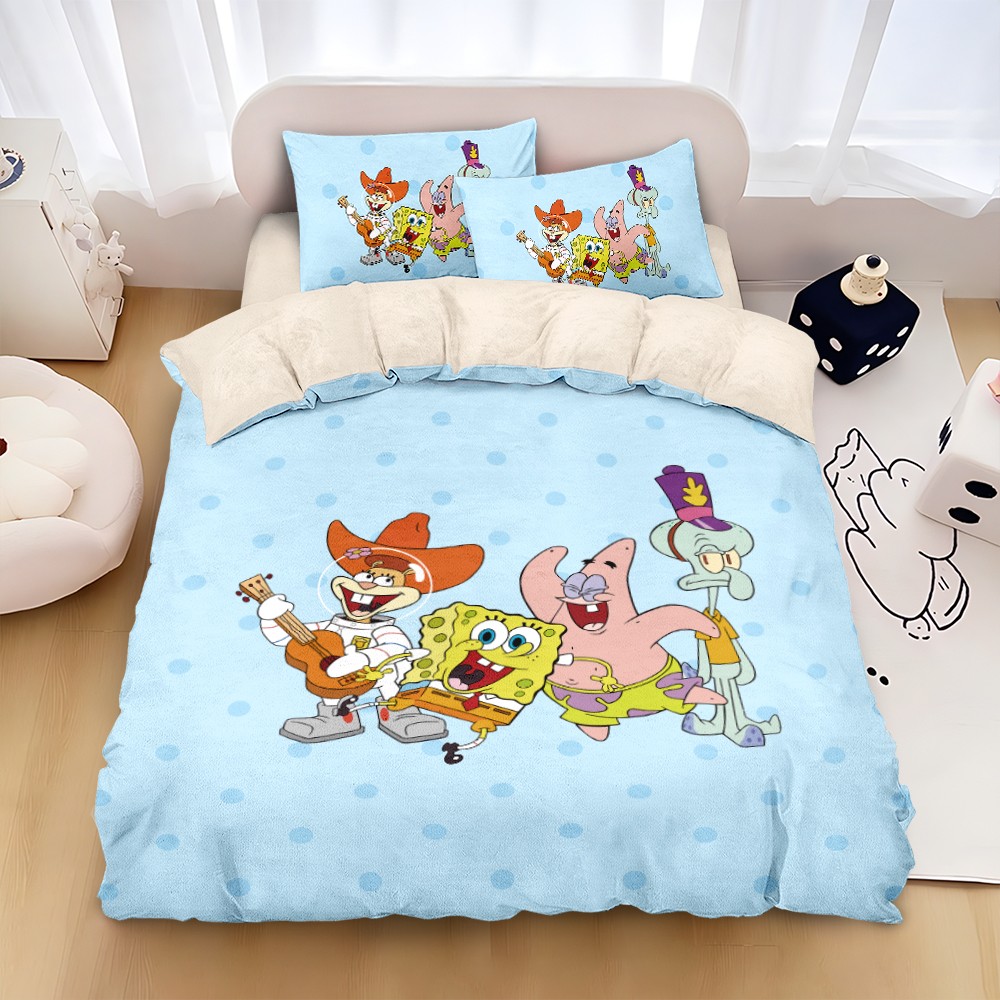 スポンジボブミルクベルベットキルトカバー暖かく厚みのある4ピース漫画かわいい寝具子供用ホームシーツとボックスシーツ