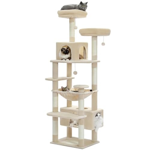 PETEPELA(ぺテぺラ) キャットタワー 大型猫用 コンパクト 多頭飼い 据え置き型 スリム ハンモック 麻紐爪とぎポール 猫のおもちゃ 転倒防止ベルト付き 展望台 猫ベッドカバー取り外し可能 運