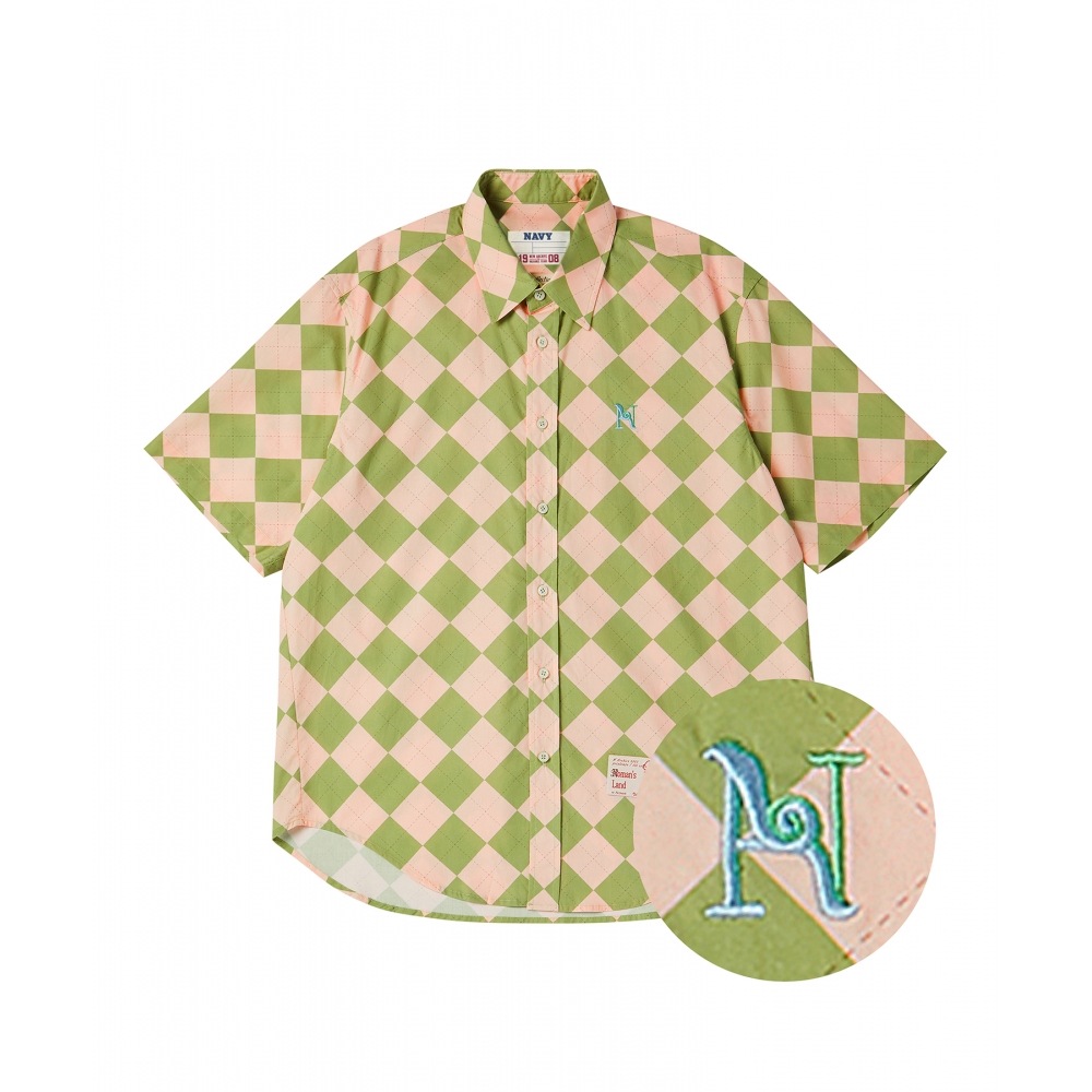 BEYOND CLOSET [コレクションライン] オールドアルファベットアーガイルショートスリーブシャツオリーブ