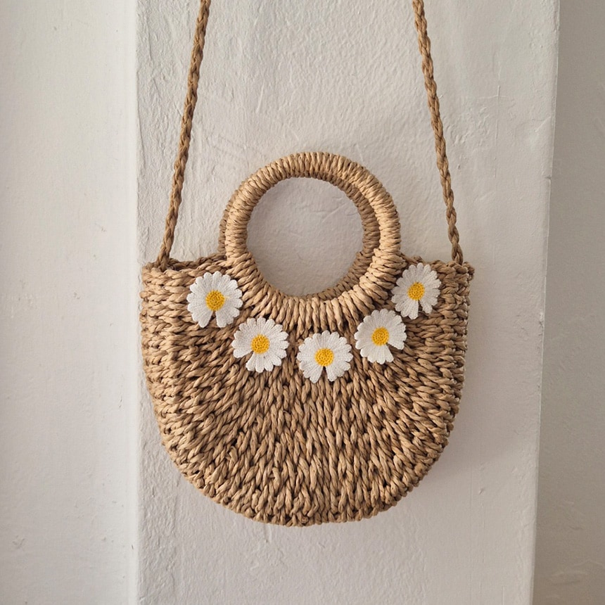 【FEBNIA】デイジー刺繍ラタンバッグ 夏にぴったりなハンドル付きクロスバッグ