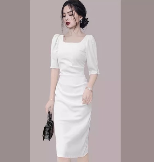 ワンピース 膝下 半袖 スクエアネック 襟なし スリム タイト 細身 ストレート 背中開き かわいい 大人可愛い きれいめ シンプル カジュアル 大人 上品 おしゃれ お洒落 大人可愛い 大人女子