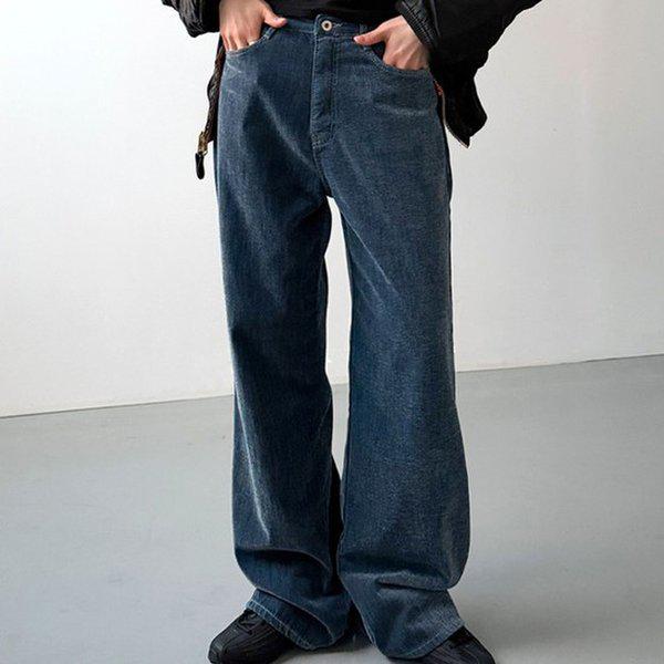 Hスタイル(JN)3062ベルベットブルーワイドデニムパンツ 冬 女性 ベルベットジーンズ バンディングパンツ デニムパンツ ワイドパンツ