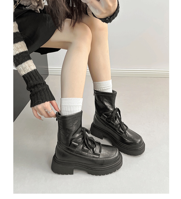厚底マーチンブーツ 女 2025秋冬新作 小柄 インソールブーツ中筒 煙突ブーツ プリーツ パンツブーツ