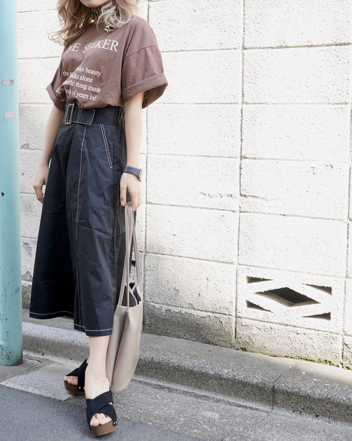 White Stitch Flare Long Skirt (black) A,D,G レディース ボトムス