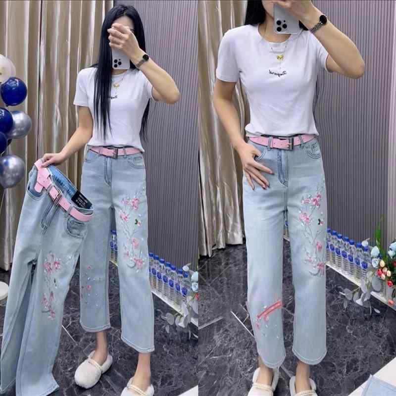 レディース ファッション カジュアル おしゃれ ジーンズ 夏 チャイナ風 刺繍 花 レトロ 九分丈 ストレート パンツ