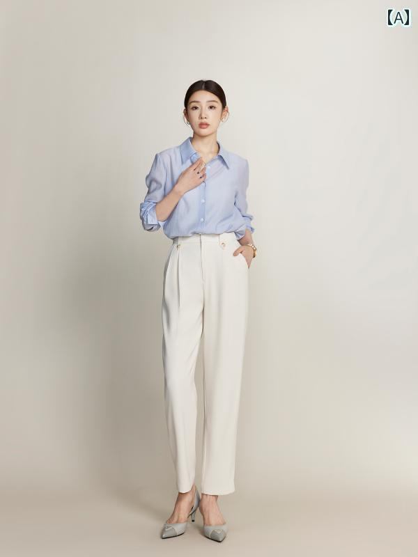 スラックス レディース 夏 薄手 ロングパンツ ストレート タック ポケット ハイウエスト 通気 ソフト おしゃれ オフィス シンプル ベージュ 黒