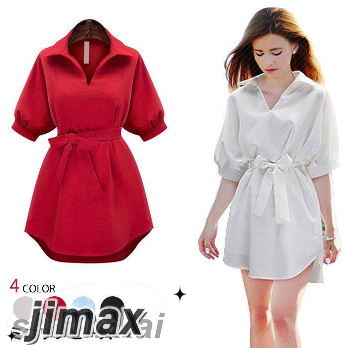 ワンピース ミニワンピ ショート丈 Vネック 5分袖 ハイウエスト リボン 蝶結び 無地 ゆったり 着痩せ お洒落 シンプル 大人セクシー 夏新作