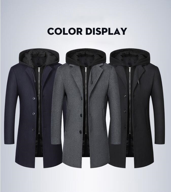 メンズラシャトレンチコート 秋冬用厚手 スプリングコート ビジネス ウールコートフォマールコート 通勤アウタースリムテーラードジャケット フード付き 通勤コートカジュアルジャケット 3色