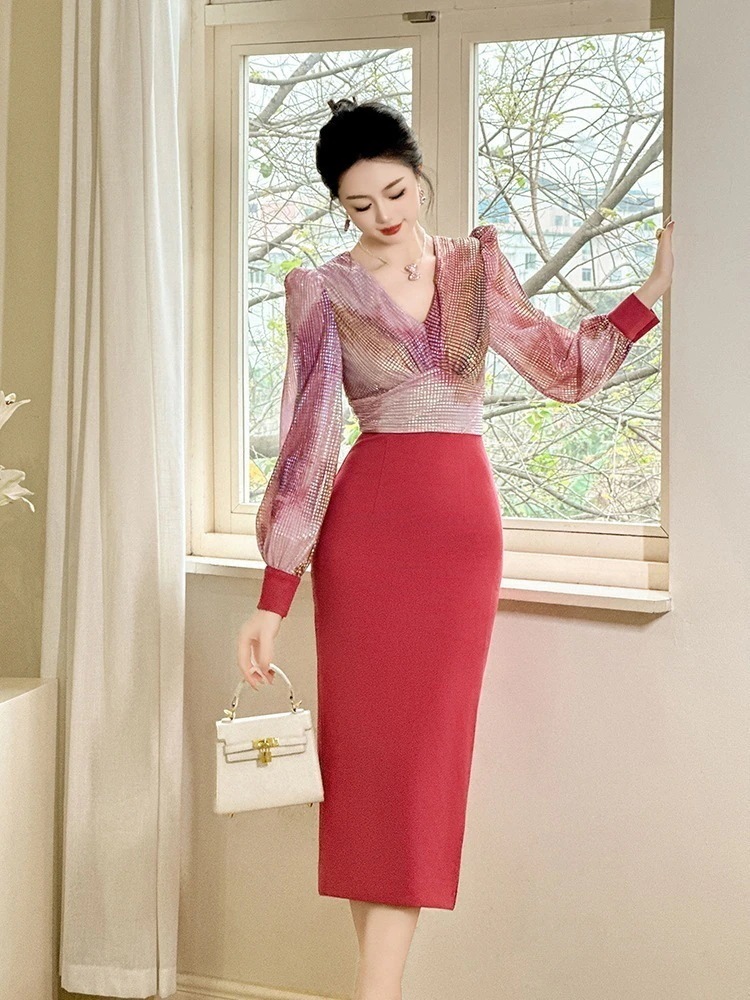 2024春 大人 vネック ドッキング ワンピース タイト パーティードレス キャバ 着痩せ 大人 お呼ばれ 同窓会 披露宴 卒業式 結婚式 ウェディング 二次会 成人式