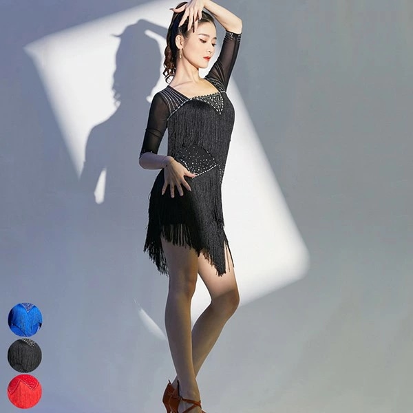社交ダンス ラテンドレス 社交ダンス 社交ダンス衣装 ワンピース ダンス衣装 演技服 ワンピース 透け感 装飾あり 練習着 五分袖 ワルツ チャチャチャ ラテン ステージ衣装 演出着 演出用 フリンジ