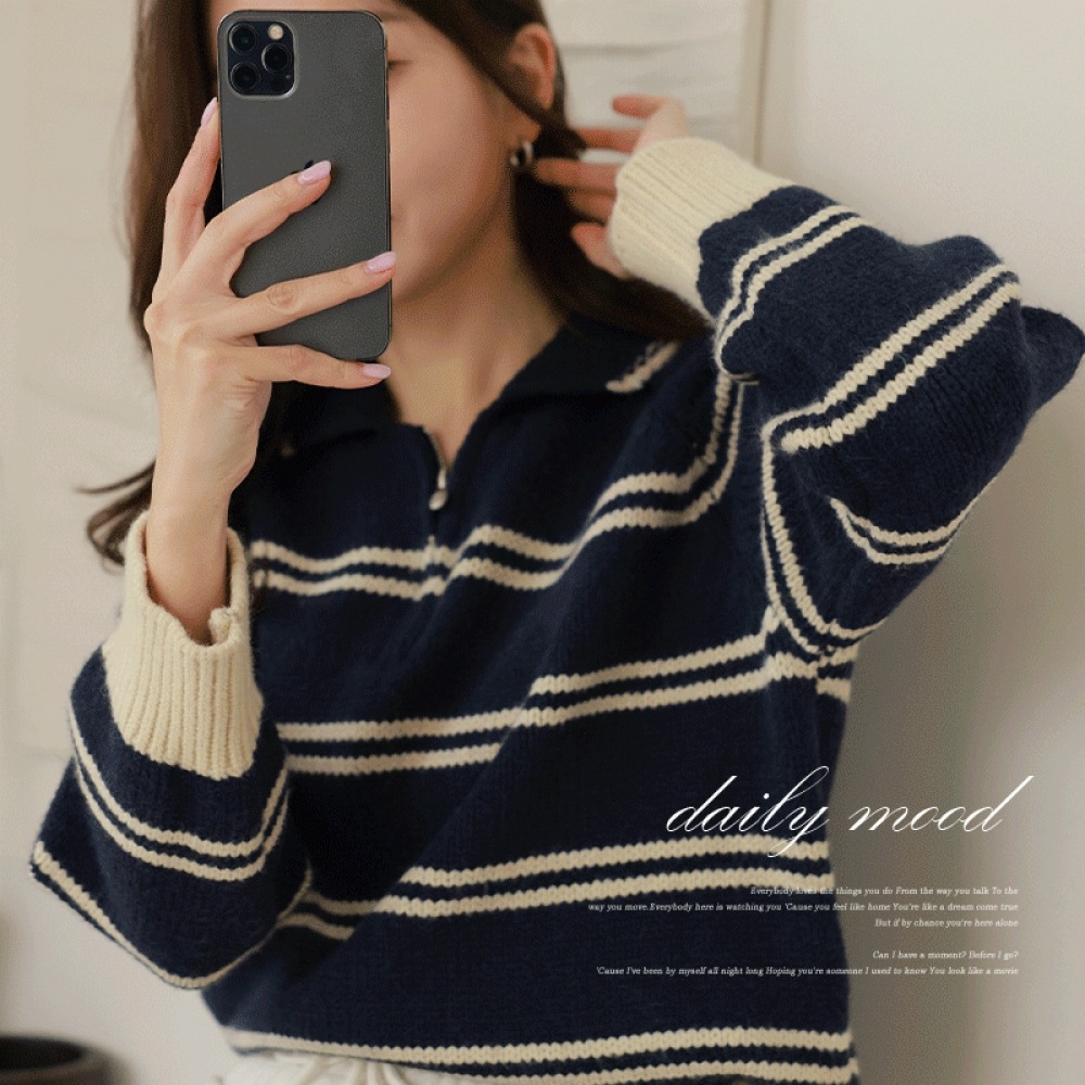 クリック&ファニートーンストライプハーフジップアップニット