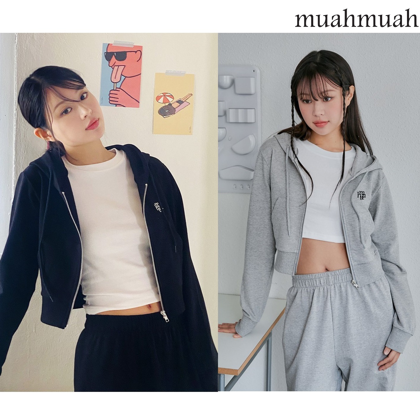Logo point training crop hood zip-up 2色 FREE デイリー 新商品 韓国人気 韓国ファッション マンツーマン シャツ 女性服 韓国スタイル 学生ファッション