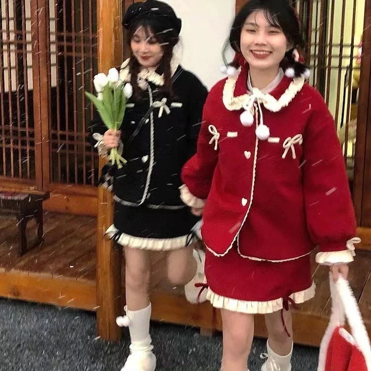 クリスマスコフレ 純粋な欲望ニッチ親友姉妹クリスマスと新年のシャツウールショートコート + リボンスカート多目的スーツサンタコスプレ