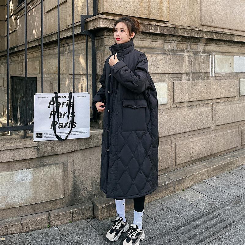 ダウンジャケット 防寒アウター裏起毛コート ジャケット ファッションダイヤ格子コットンジャケット新作ロング膝厚コットンジャケットジャケット黒