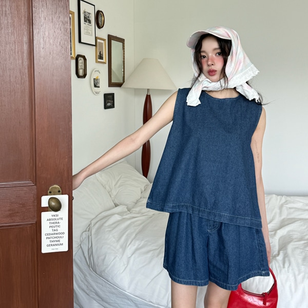 韓国ファッション 袖なし トップ バンディング 半ズボン デニム ツーピース セット