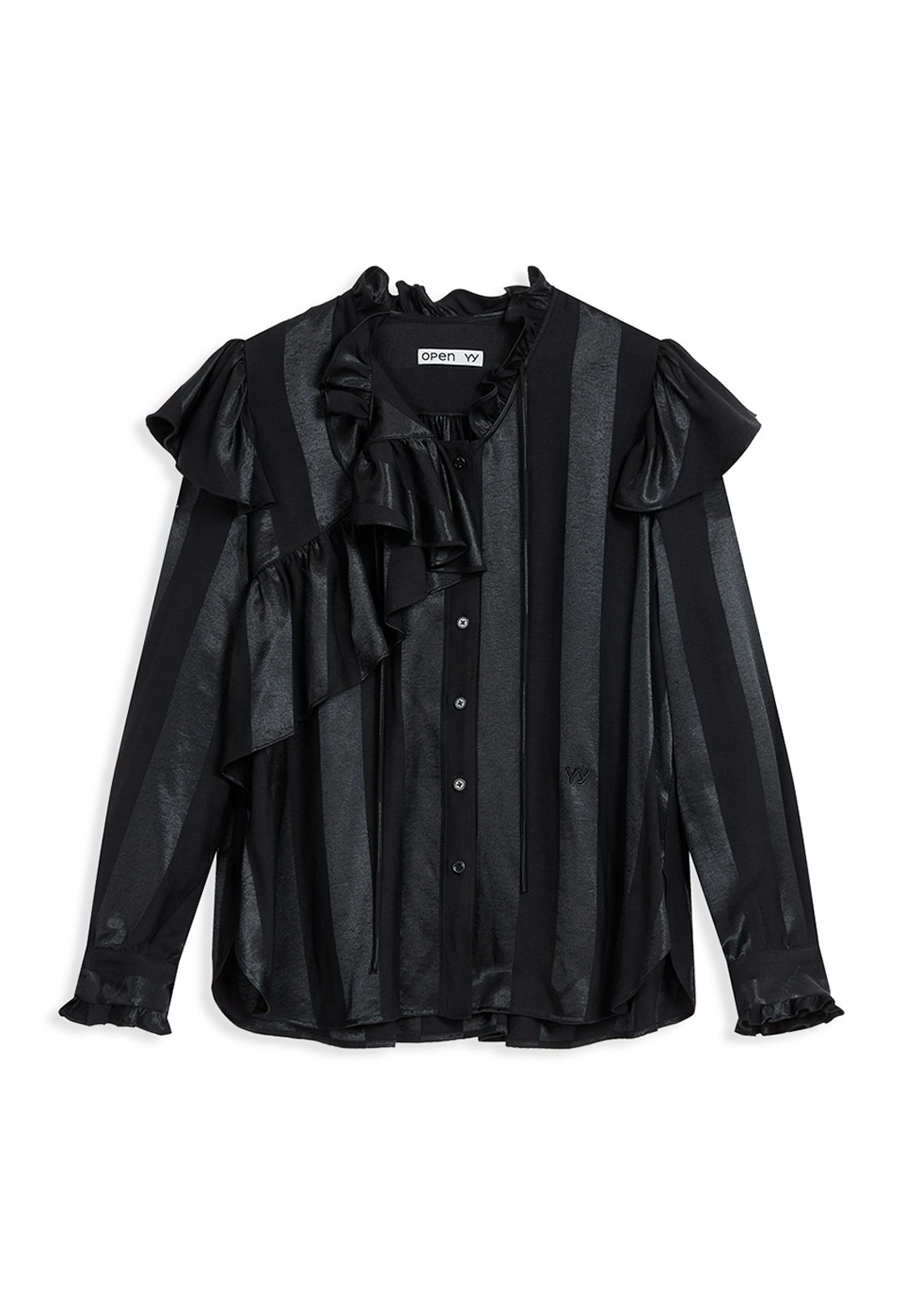 【OPEN Yy】 UNBALANCED STRIPE RUFFLE BLOUSE : BLACK