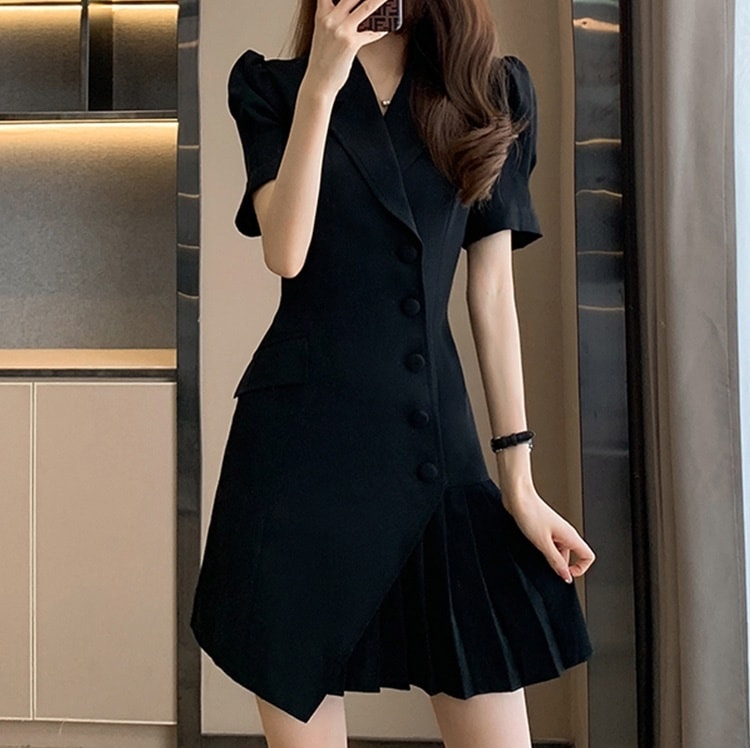 ワンピース フレアワンピース ミニ ミニ丈 ショート ショート丈 不規則丈 袖あり 半袖 5分袖 五分袖 Vネック 襟付き プリーツ 切り替えデザイン 前開き かわいい 大人可愛い おしゃれ お洒落