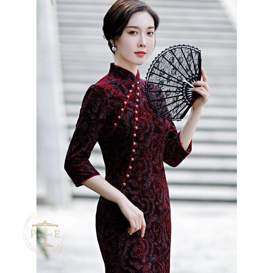 ワンピースドレスドレス7分袖 柄 秋 結婚式 披露宴 パーティードレス オシャレ 大きいサイズ ロング丈 チャイナ服 ドレスワンピース チャイナドレス スリット