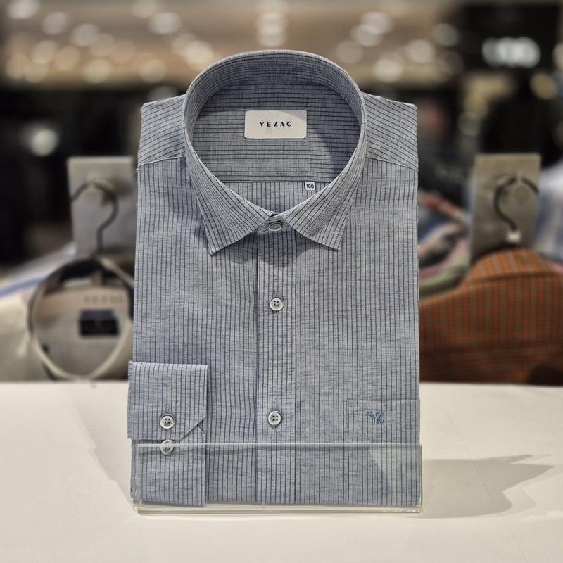 AK水原店シャツ メンズ 長袖 レギュラーフィット リネン ストライプ スナップ YJESIR302GY