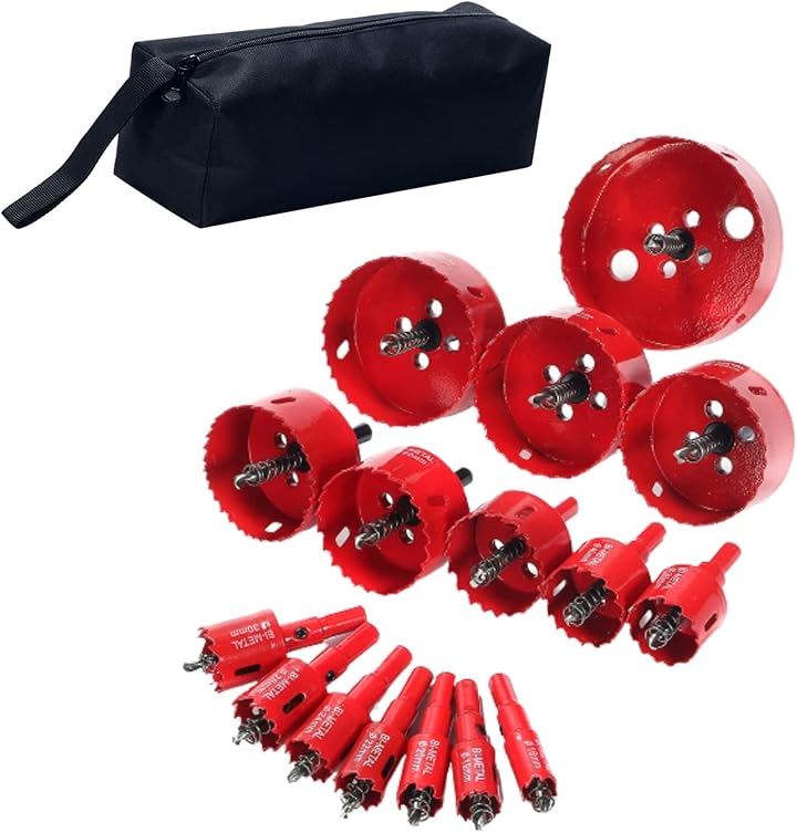 現役大工が推薦 バイメタル ホールソー ホルソー 穴あけ 切削 工具(レッド, 16mm～100mm16本セット＆収納ポーチ)
