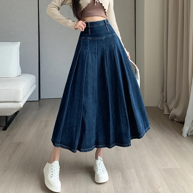 納期1~3週間程：女性用プリーツジーンズスカート,ハイウエスト,ロング,ストレート,ルーズ,デニム,ミディ,レディース,春,秋,L862a,2022