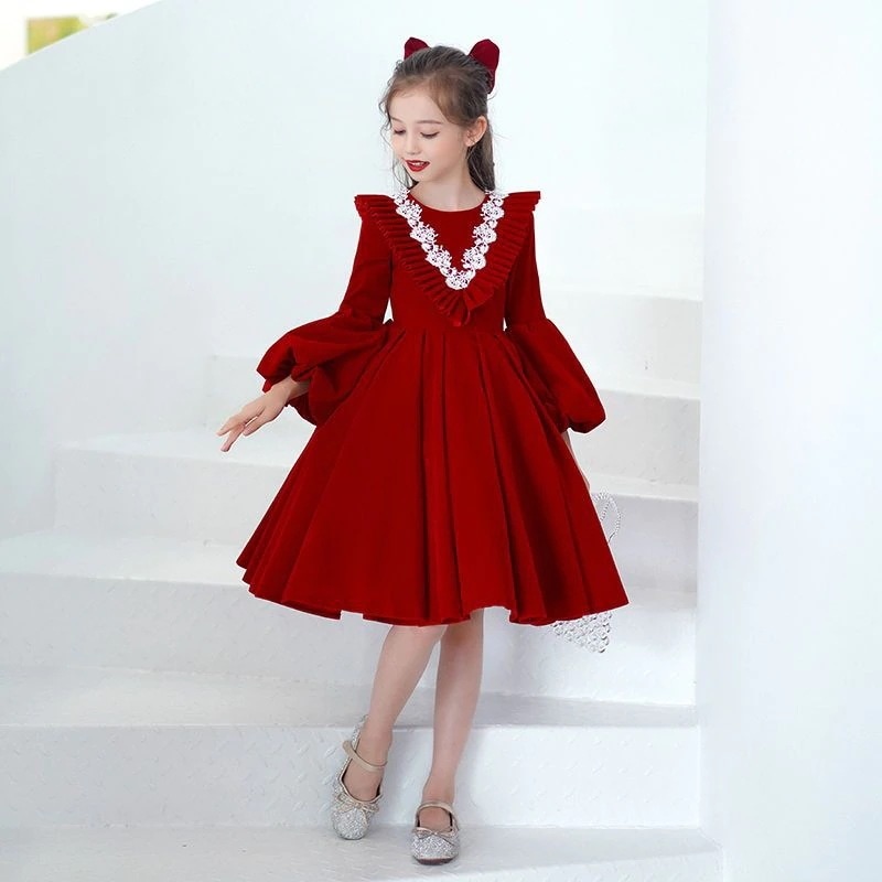 女の子のイブニングドレスホスト春と秋の赤い誕生日プリンセスワンピースドレス子供のピアノ演奏の服 母の日-0008639