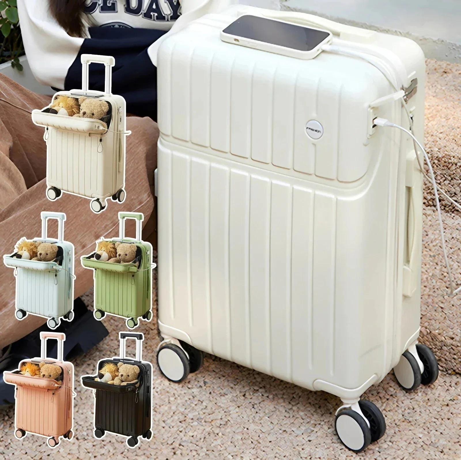 キャリーケース スーツケース 機内持ち込み 多機能 前開き カップホルダー付き USB充電可能 超軽量 静音 360度回転 キャスター 多色 人気 短途旅行 修学 旅行 出張z01