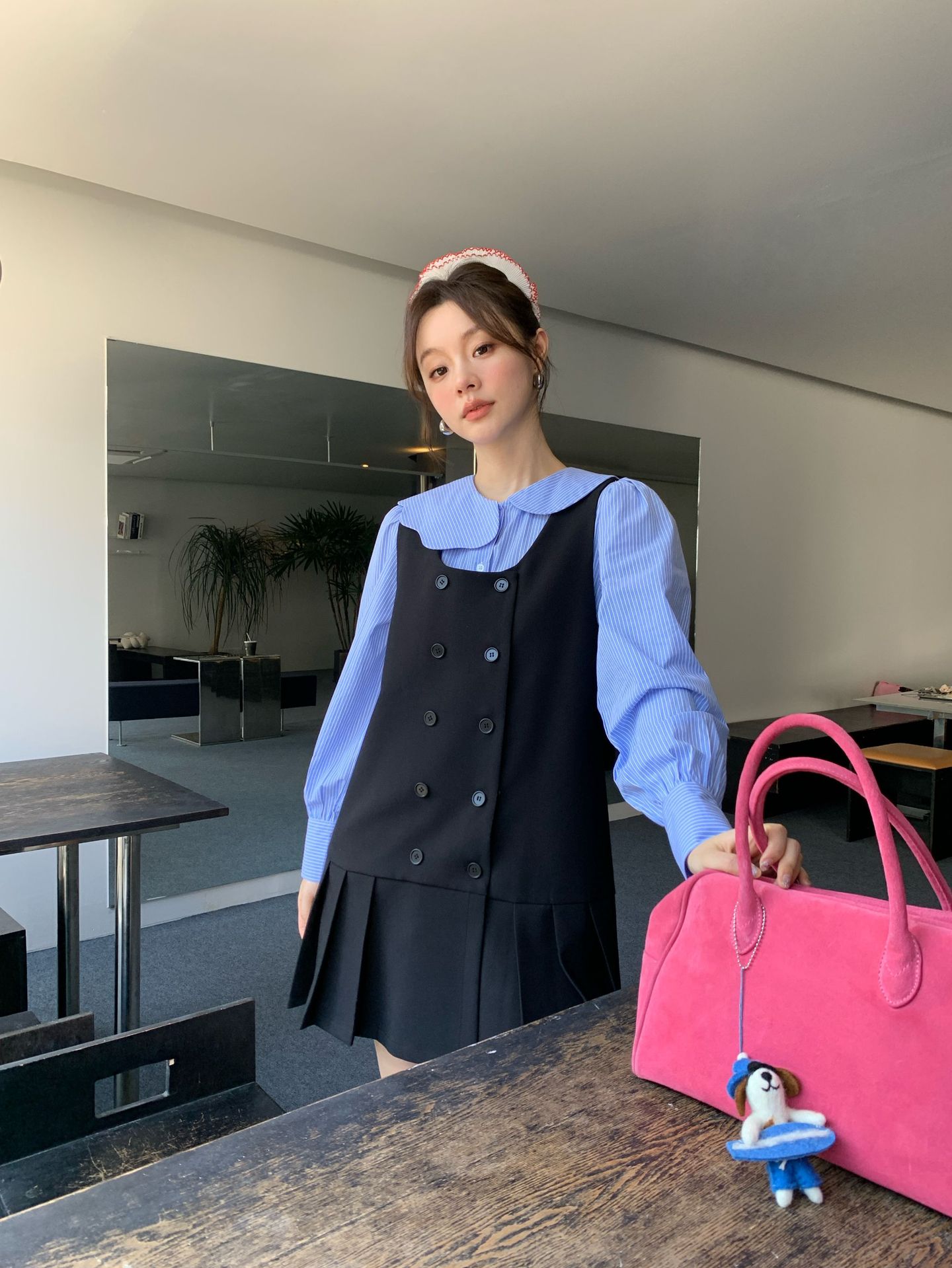 早春の大学スタイルの気質のダブルブレストベストドレス女性