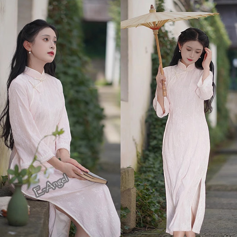 チャイナドレス ロング ピンク 長袖 改良チャイナドレス スリット エンボス ベルベットワンピ スタンドカラー 腰括れ チャイナ風ワンピース エレガント 文化祭 入学式 結婚式 お呼ばれ