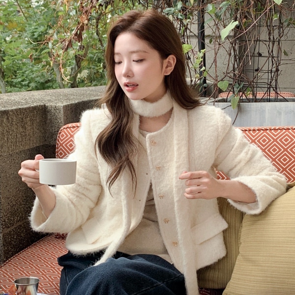 (タイセット / オフィスコーデ / 結婚式ゲストコーデ) リボンボタン ブークレ中綿ジャケット 韓国アウター jk3023