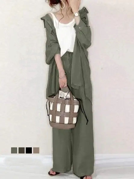 【上質】 全4色 無地 長袖 シンプル カーディガン + ハイウエスト カジュアル パンツセット