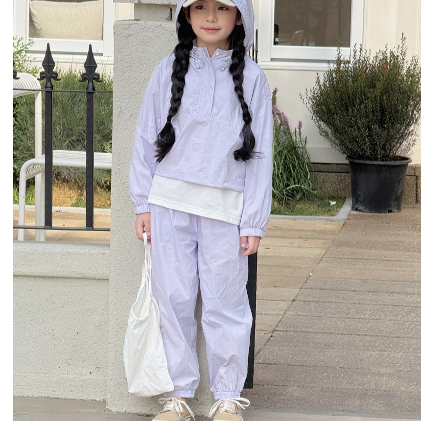 Irene’s Closet クリップ裾コード フード付きウィンドブレーカー＆ジョガーパンツ 上下セット メッシュ裏地 通気・軽量 アイスパープル/ セットアップ韓国子供服