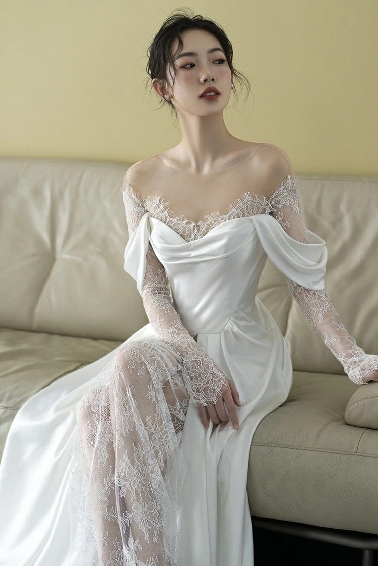 ロングドレス ウェディングドレス 前撮りドレス 二次会ドレス シースルー 長袖 フィッシュテール フランス風 カジュアル レトロドレス ウェディングドレス 高級感 森ガール系 フォトウエディン