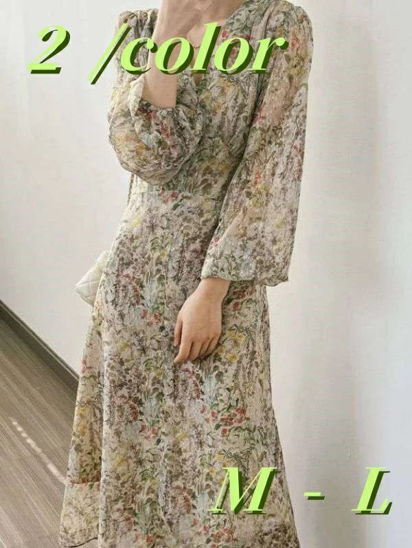 長袖 パフ袖 v 襟 レジャー 上品 フローラル ジェントルスタイル ワンピース
