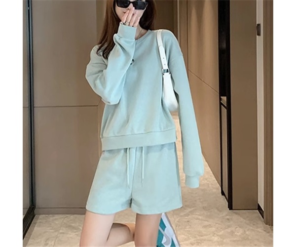 二点セット 上下セット ツーピース レディース トップス パンツ ルームウェア プルオーバー トレーナー スウェット 部屋着 セットアップ スポーツウェア ショートパンツ 長袖 ドロップショルダー